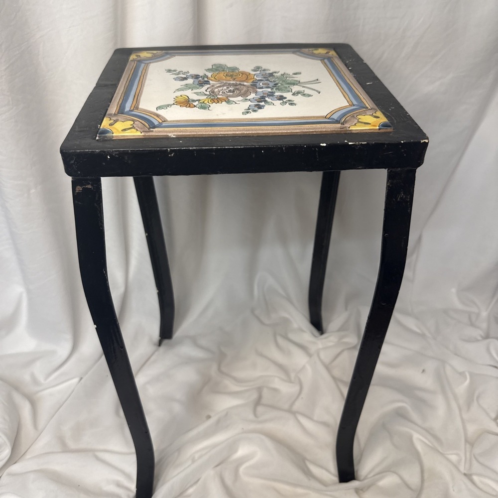 Vintage Wrought Iron Mosaic Floral Tile Top Planter Stand Table Cottage Chic 23"